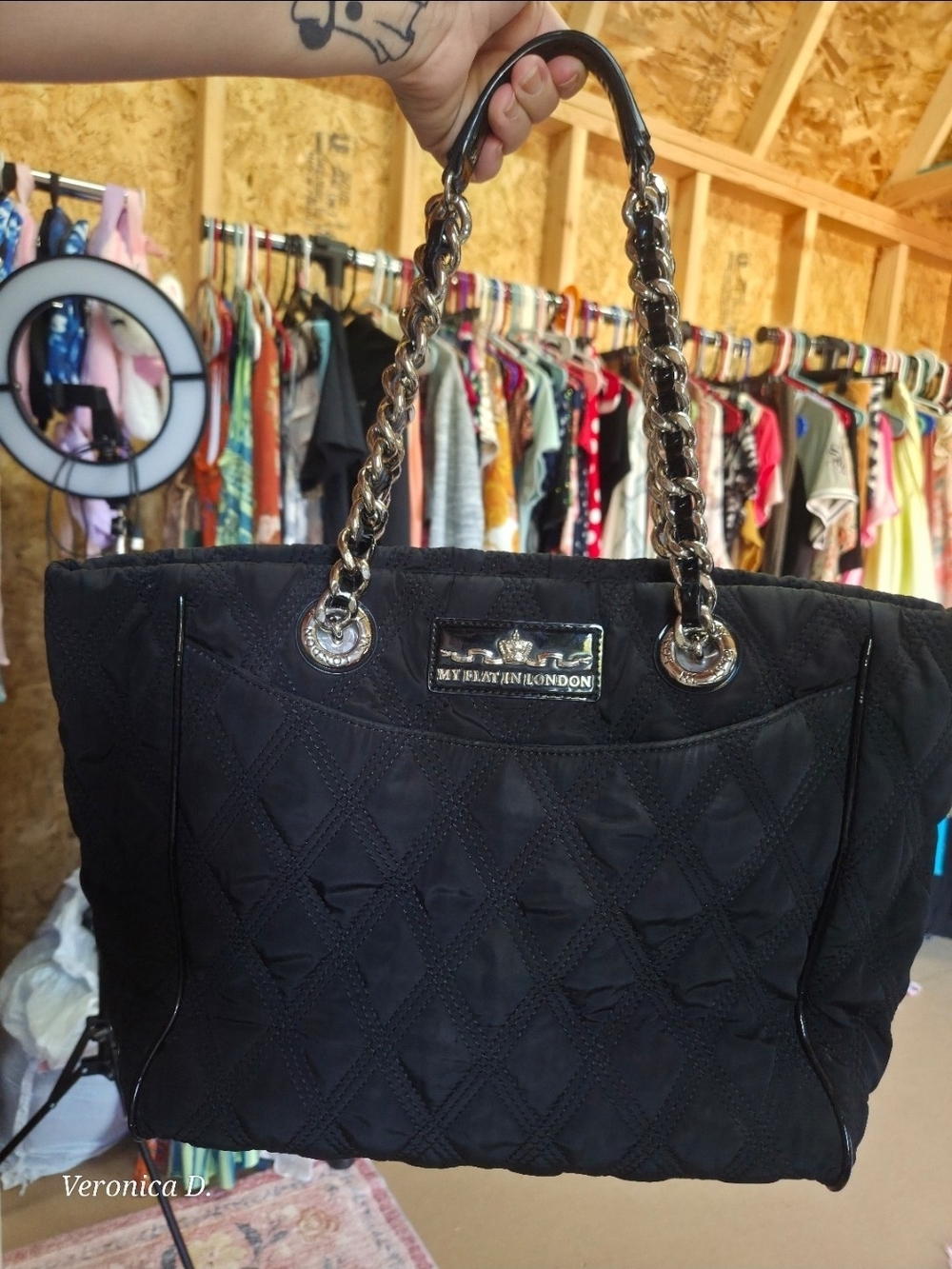 My Flat In London Black Quilted Tote with Chain-Detail Handles